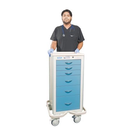 A healthcare professional standing next to a narrow aluminum electronic touchpad locking cart with multiple drawers.