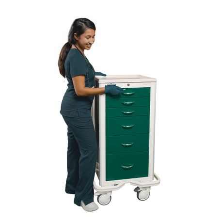 A healthcare professional pushing a green and white aluminum key locking narrow cart with multiple drawers.