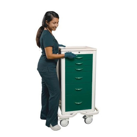 A healthcare professional pushing a green and white aluminum key locking narrow cart with multiple drawers.