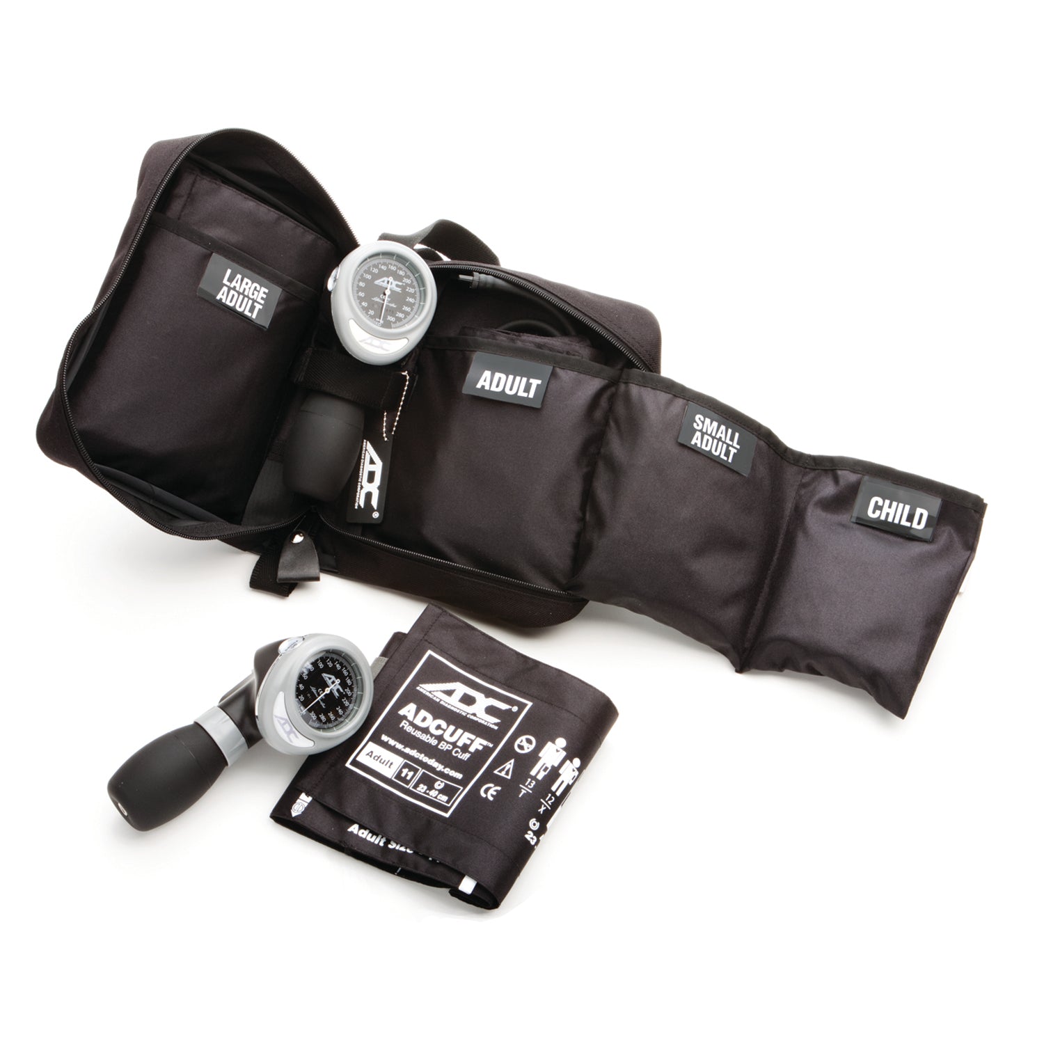 Black blood pressure cuff set with size labels on a white background