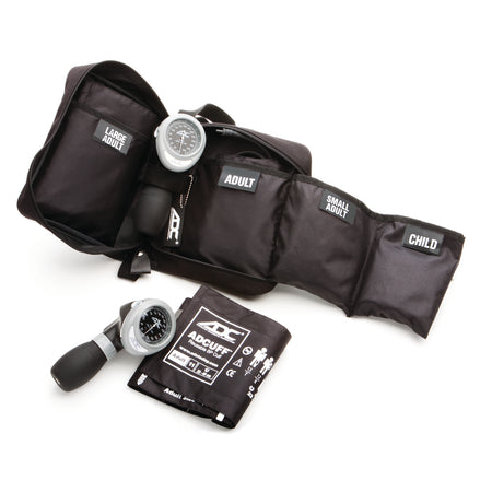 Black blood pressure cuff set with size labels on a white background