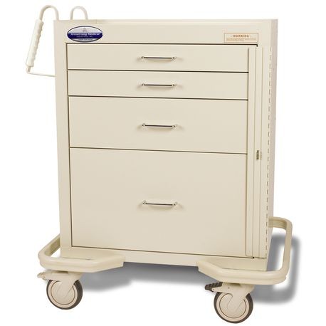 A red standard steel solid color emergency crash cart with multiple drawers, push handles, and set on a white stabilizing frame with bumper and casters.