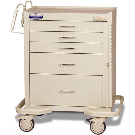 A red standard steel solid color emergency crash cart with multiple drawers, push handles, and set on a white stabilizing frame with bumper and casters.