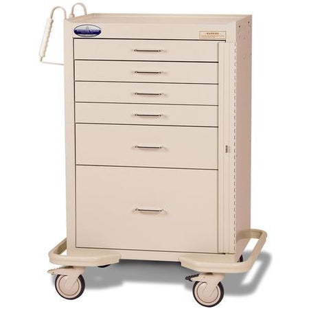 A red standard steel solid color emergency crash cart with multiple drawers, push handles, and set on a white stabilizing frame with bumper and casters.