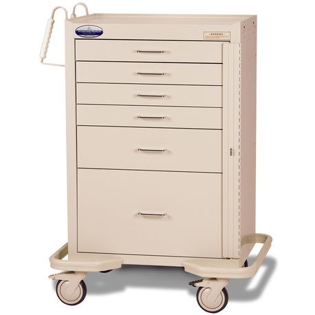 A red standard steel solid color emergency crash cart with multiple drawers, push handles, and set on a white stabilizing frame with bumper and casters.