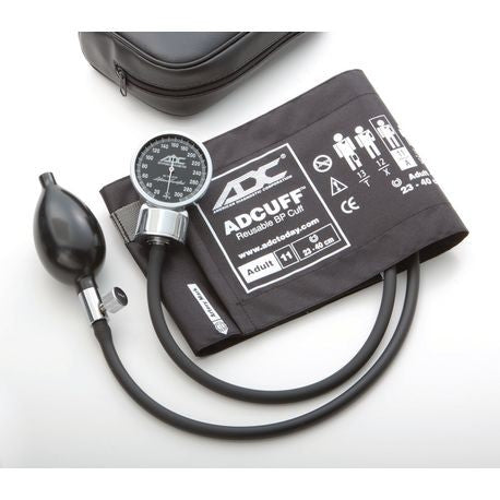 A Premium Sphyg with a black cuff, gauge, and a chrome-plated pump, alongside a zippered case.