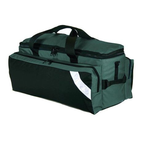 A green medical oxygen bag with multiple compartments and tool holders, designed for airway management and carrying medical equipment.