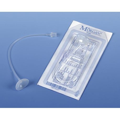 The image shows a Morgan Medi-Flow Lens product, including the lens, tubing, and adapter, packaged in a peel-open blister pack with printed instructions.