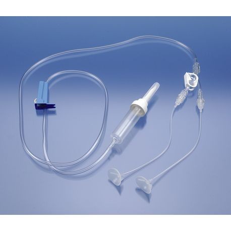 The image shows a Morgan Medi-Flow Lens product, including the lens, tubing, and adapter, packaged in a peel-open blister pack with printed instructions.