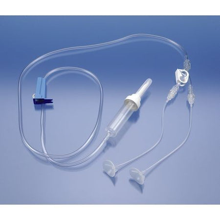 The image shows a Morgan Medi-Flow Lens product, including the lens, tubing, and adapter, packaged in a peel-open blister pack with printed instructions.