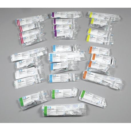 A collection of packaged medical equipment modules, each module is color-coded and sealed in clear plastic packaging.