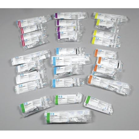 A collection of packaged medical equipment modules, each module is color-coded and sealed in clear plastic packaging.