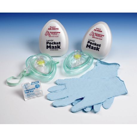 Laerdal Pocket Mask with transparent design, alongside latex-free gloves and a check list wipe. The mask is intended for single-dose use and is shown with its packaging label.