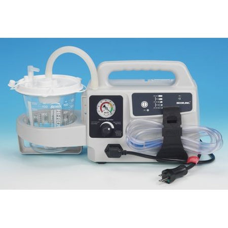 A medical suction unit with battery backup, featuring a digital display, control buttons, and a connected suction hose with a canister.