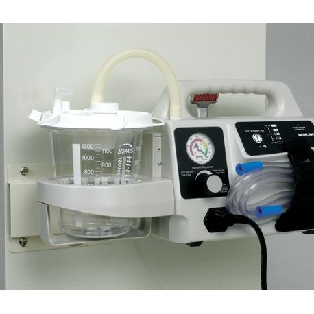 A medical suction unit with battery backup, featuring a digital display, control buttons, and a connected suction hose with a canister.