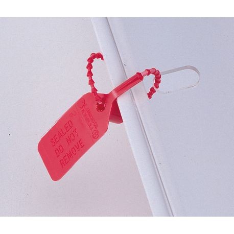 Three yellow plastic seal clips with the brand name ARMSTRONG and a series of numbers written on them, arranged against a blue background.