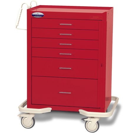 A red standard steel solid color emergency crash cart with multiple drawers, push handles, and set on a white stabilizing frame with bumper and casters.