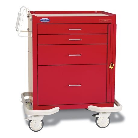 A red standard steel solid color emergency crash cart with multiple drawers, push handles, and set on a white stabilizing frame with bumper and casters.