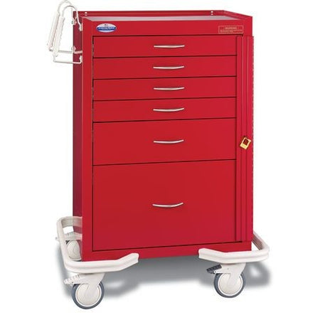 A red standard steel solid color emergency crash cart with multiple drawers, push handles, and set on a white stabilizing frame with bumper and casters.