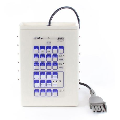 A white 15-lead arrhythmia simulator with blue and gray accents, featuring a series of buttons and a connected cable.