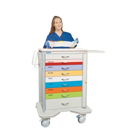 A healthcare professional standing next to a colorful Premier Aluminum Broselow ColorCode Cart with multiple drawers and push handles.