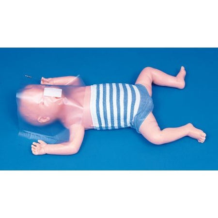 A Resusci Manikin with a face shield lying on a blue surface, wearing a striped outfit.