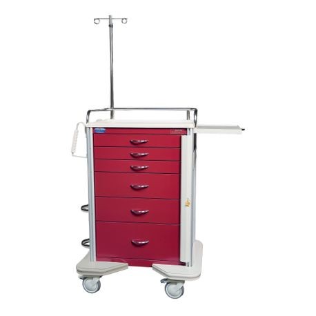 A red and silver medical cart with multiple drawers and a pole on top for IV access, equipped on wheels.