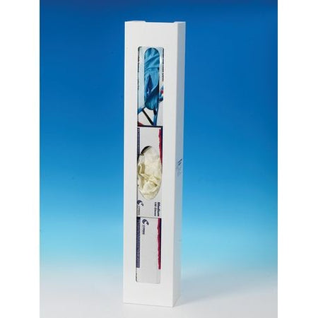 A white glove dispenser with blue disposable gloves partially pulled out from it.