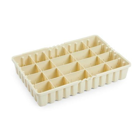 A beige medical drug tray with multiple compartments for organizing medication bottles.
