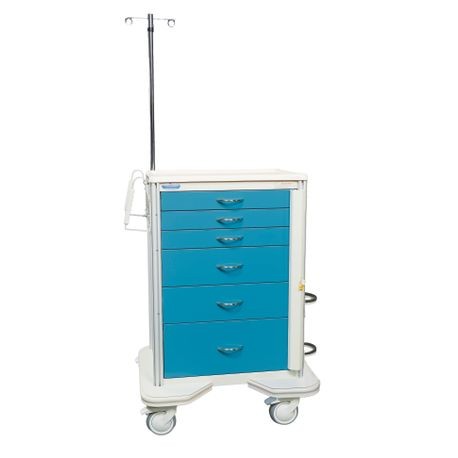A blue medical storage cart with multiple drawers, mounted on a white frame with wheels, featuring an IV pole on the top left and a cardiac board on the top right.