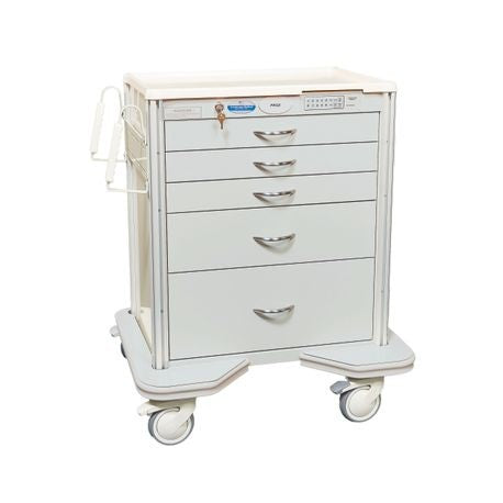 A healthcare professional interacting with a blue aluminum medical cart with multiple drawers and a slide-thru side shelf.