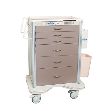 A Premier Economy Anesthesia Accessory Package cart with multiple drawers and compartments, equipped with wheels and a light-colored exterior.