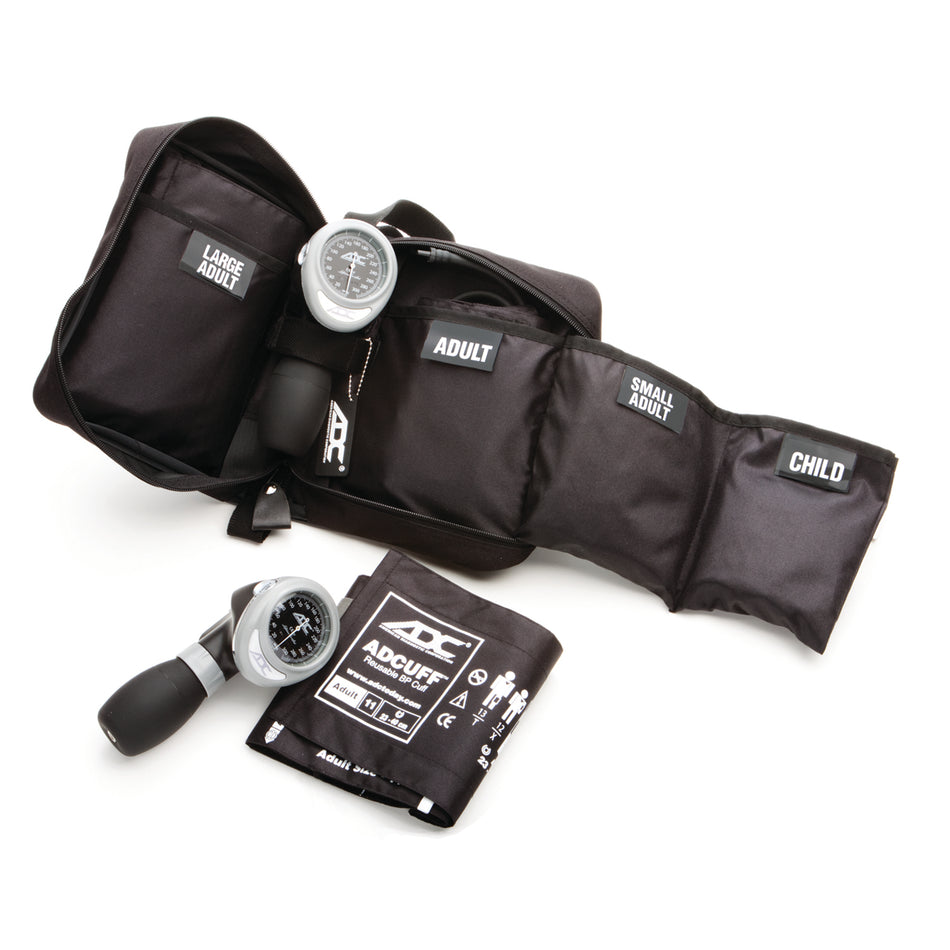 Black blood pressure cuff set with size labels on a white background