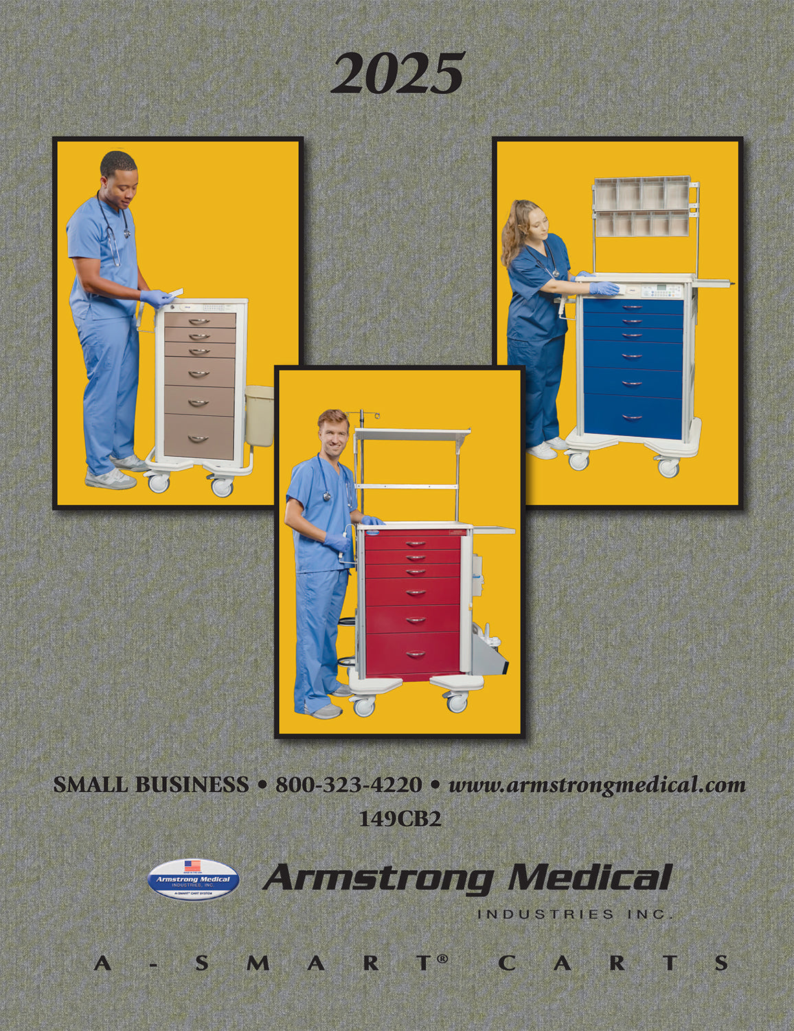 Advertisement for Armstrong Medical Smart Carts with images of people using carts and contact information.