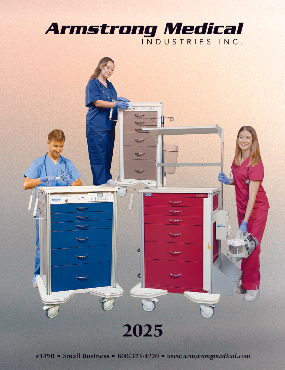 Armstrong Medical Industries Inc. advertisement with medical carts and people in scrubs.