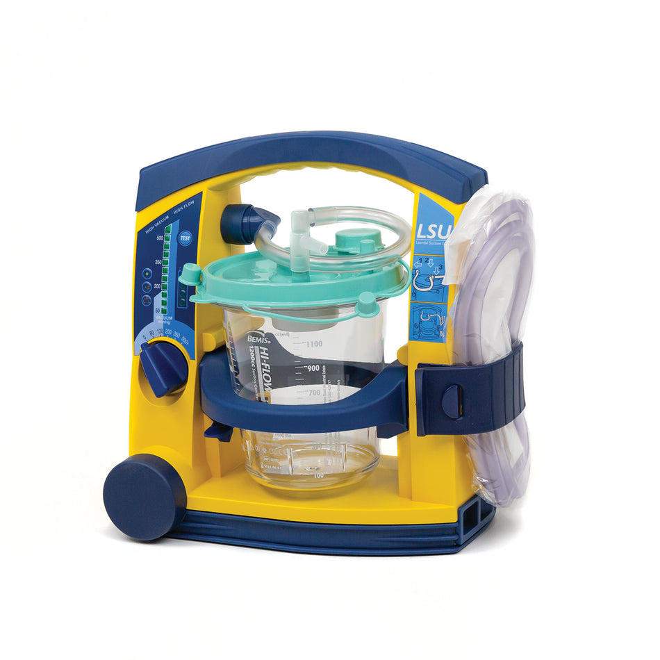 Yellow and blue medical device with clear container on a white background