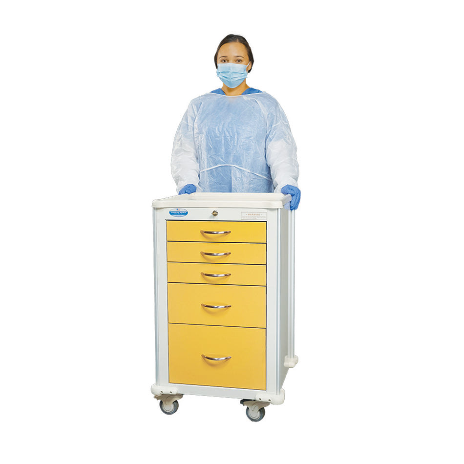 Person in medical attire pushing a yellow drawers cart on a white background