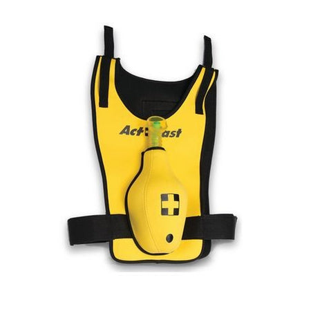 A yellow anti-choking training vest with a transparent airway and snap buckles, designed for CPR training scenarios.