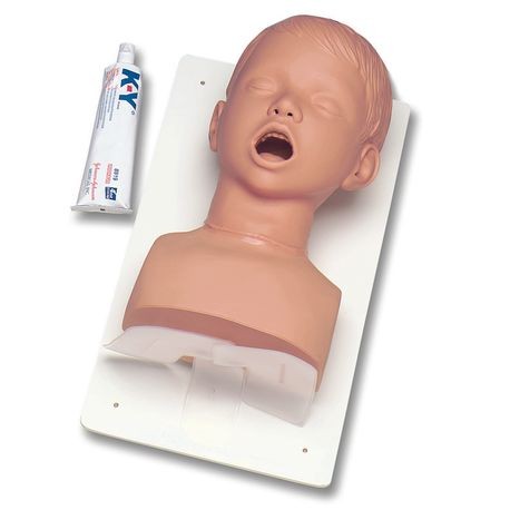 A manikin head designed for child airway intubation training, accompanied by a lubricant tube and a carrying bag.