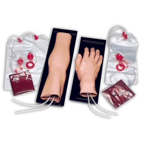 A lifelike training model of an I.V. arm and hand, accompanied by a simulated blood bag and a carrying tray.