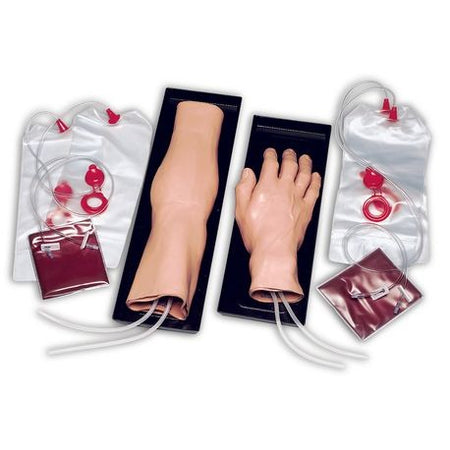 A lifelike training model of an I.V. arm and hand, accompanied by a simulated blood bag and a carrying tray.