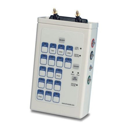 A white interactive ECG/pacing simulator with blue and gray buttons and ports for medical training.