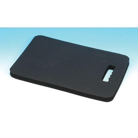 A black poly foam CPR kneeling pad with a handle, on a blue background.