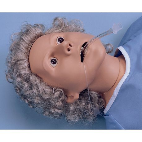 Close up of lifelike patient care manikin designed for nursing training programs.