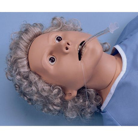 Close up of lifelike patient care manikin designed for nursing training programs.
