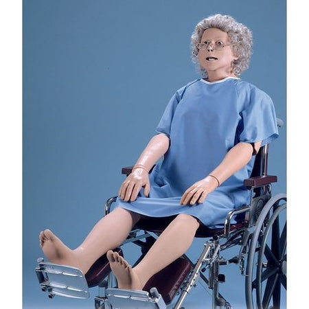 Lifelike patient care manikin with wheelchair and glasses, designed for nursing training programs.