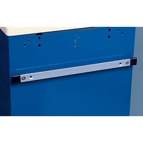 A silver metal bar bracket attached to the side of a blue cart, used for hanging accessories.