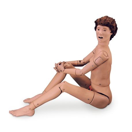 A nursing manikin seated, wearing a hospital gown, designed for CPR and patient care training.