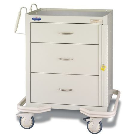 A beige and blue standard steel two-tone emergency crash cart with multiple drawers and caster wheels for mobility.