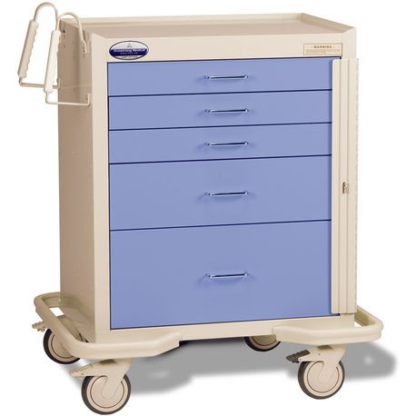 A beige and blue standard steel two-tone emergency crash cart with multiple drawers and caster wheels for mobility.